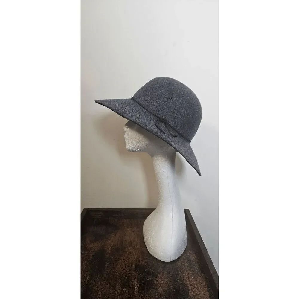 PHENIX Womens Wide Brim Floppy Hat Gray Wool Leather Trim One Size Event Church